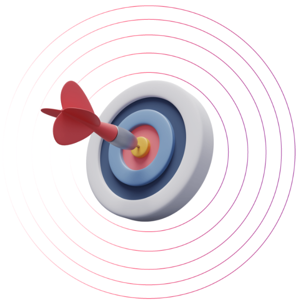 Decorative 3D elements including a megaphone, charts, and various shapes
